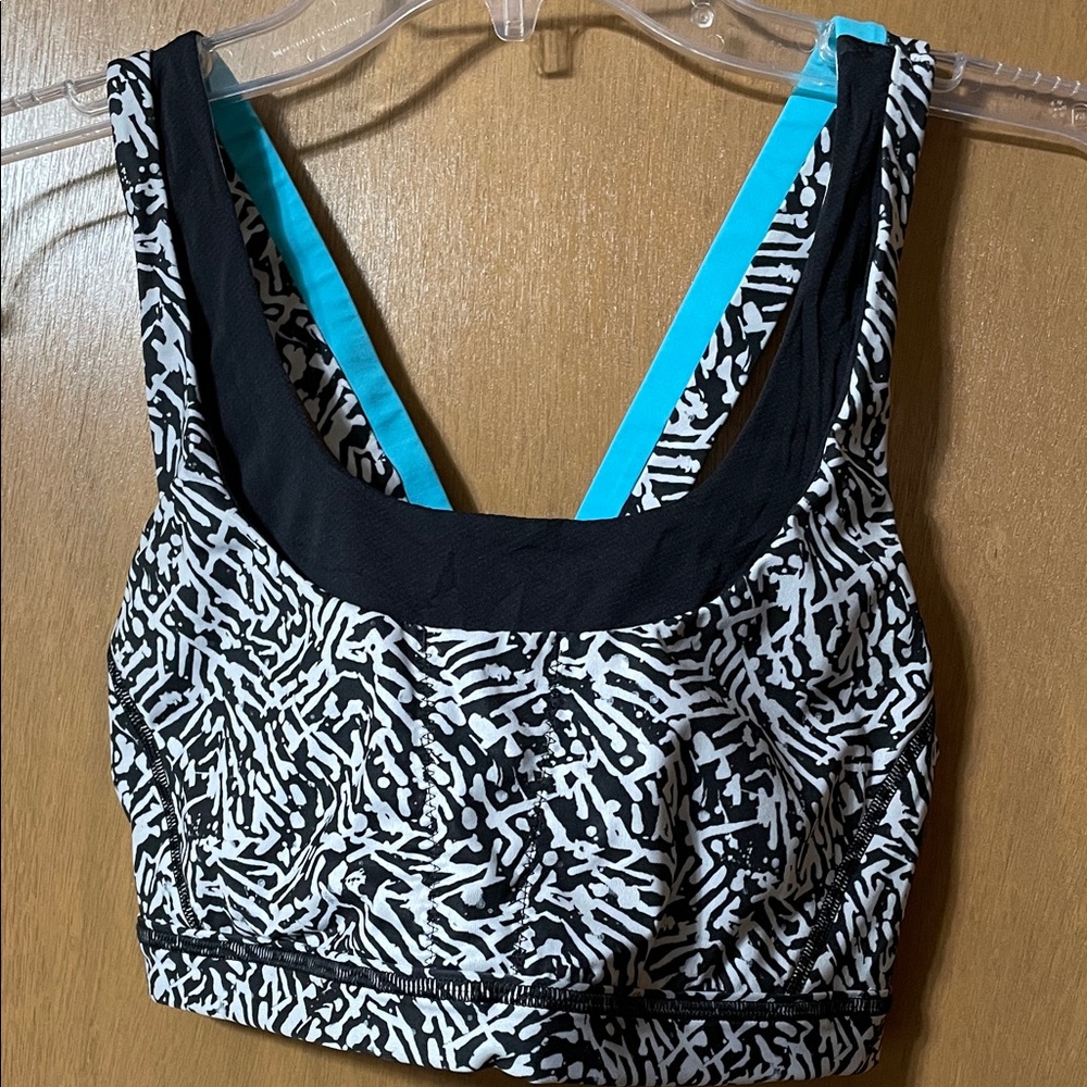 lululemon athletica Black & White Patterned Sports Bra with Teal Trim